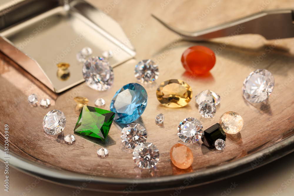 Tray with beautiful gemstones on light table, closeup Tray with beautiful gemstones on light table, closeup