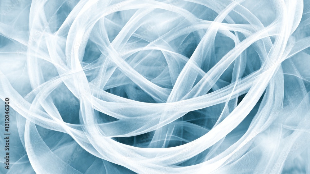 Abstract image featuring swirling, translucent, light blue and white lines creating a complex, interwoven pattern. The background is a darker shade of blue, providing contrast to the lighter lines. Abstract image featuring swirling, translucent, light blue and white lines creating a complex, interwoven pattern. The background is a darker shade of blue, providing contrast to the lighter lines.