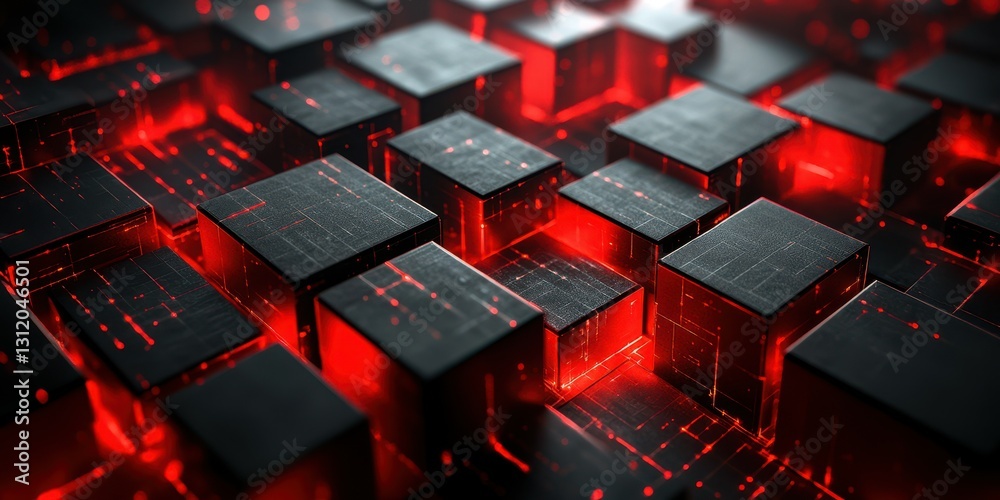 Abstract representation of digital cubes glowing with red light on a dark background showcases modern technology concepts and innovation Abstract representation of digital cubes glowing with red light on a dark background showcases modern technology concepts and innovation
