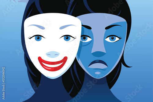 A woman's face, split into two distinct halves, each wearing a contrasting mask representing opposing moral concepts; one angelic, one demonic.  High detail, dramatic lighting.