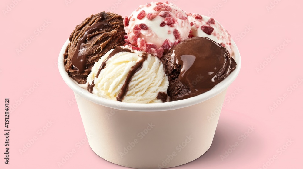 Four Scoops of Colorful Ice Cream in a White Cup with Chocolate Sauce and Pink Background Ideal for Summer Treats and Dessert Promotions Four Scoops of Colorful Ice Cream in a White Cup with Chocolate Sauce and Pink Background Ideal for Summer Treats and Dessert Promotions