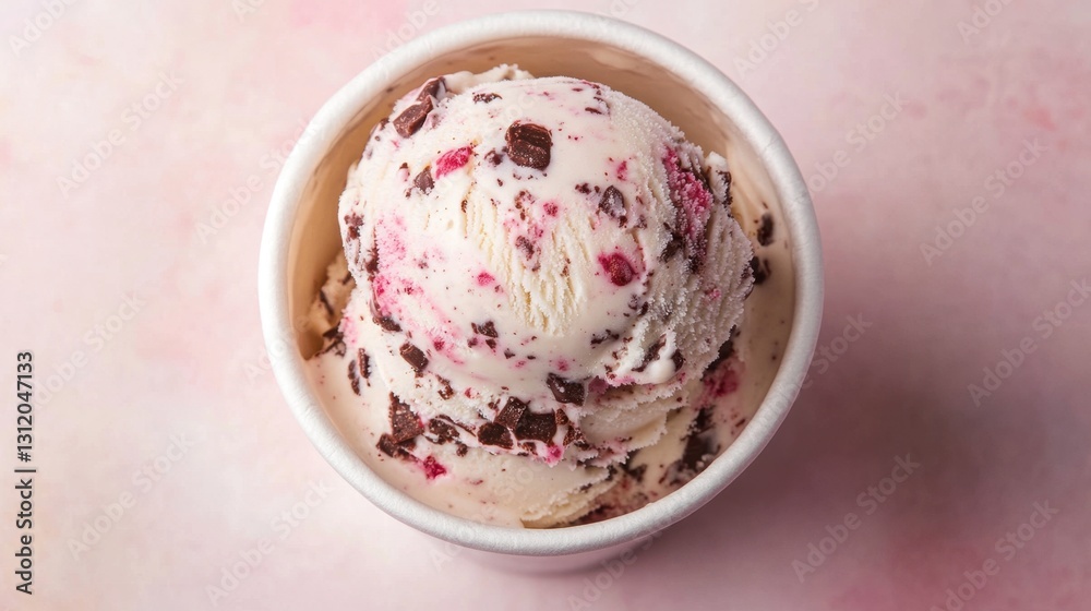 Delicious scoop of creamy ice cream with peppermint pieces and chocolate chunks in a cup on a pastel background, perfect for summer treats or dessert ideas Delicious scoop of creamy ice cream with peppermint pieces and chocolate chunks in a cup on a pastel background, perfect for summer treats or dessert ideas