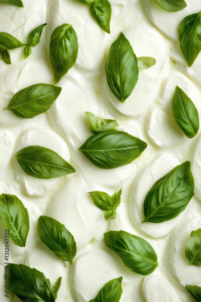 Obraz premium Fresh basil leaves on sliced mozzarella cheese background