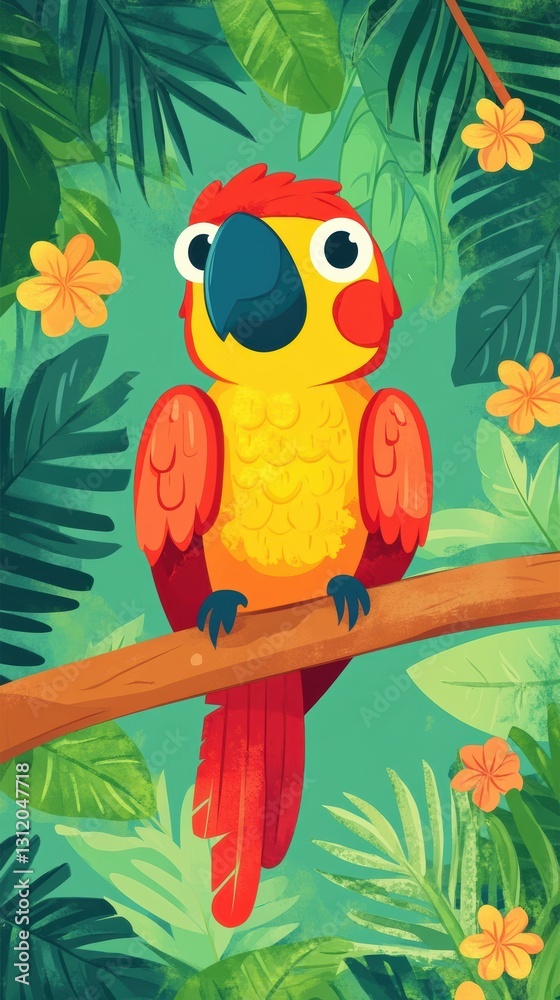 Fototapeta premium Colorful cartoon parrot perched on a tropical tree branch. Vertical