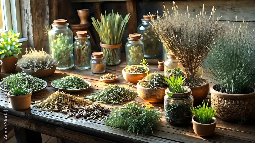 A collection of potted herbs and dried botanicals arranged on a rustic wooden table in a cozy setting
