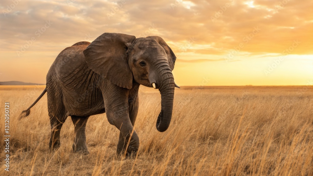 Fototapeta premium an elephant walking through a golden savanna during sunset, with an amazing landscape behind. The majestic elephant strides purposefully across the open terrain.