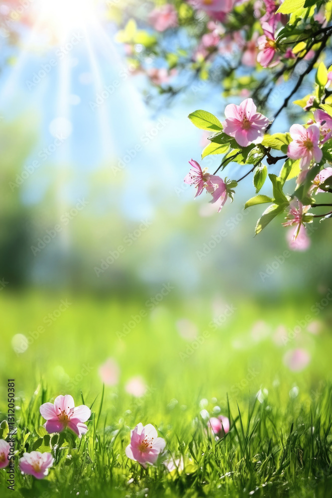 Fototapeta premium Blossoming cherry blossoms in sunlit spring meadow