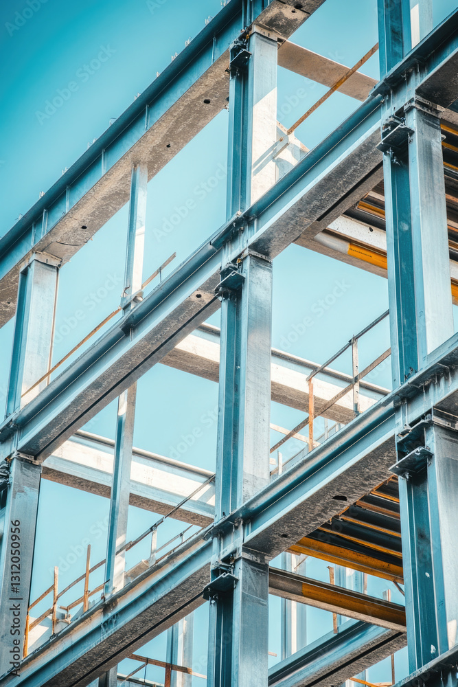 Steel frame structure of modern building construction against blue sky Steel frame structure of modern building construction against blue sky