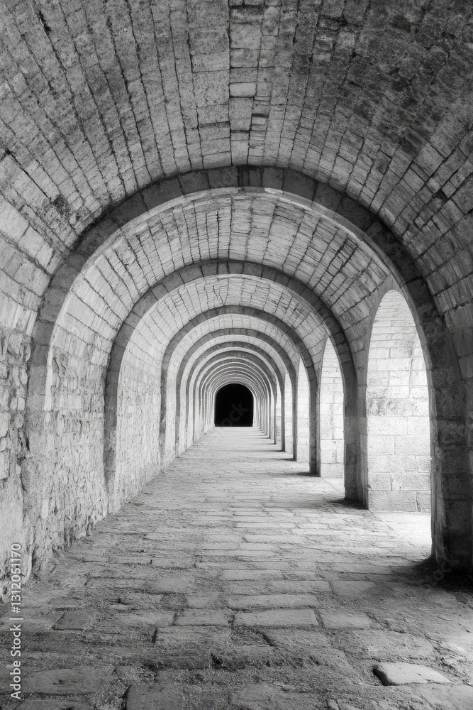 Historic stone archway tunnel with symmetrical perspective and shadows Historic stone archway tunnel with symmetrical perspective and shadows