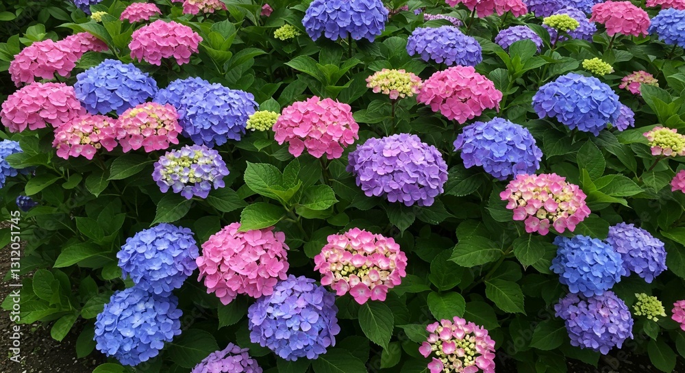 Vibrant Pink Purple and Blue Hydrangea Blooms in Lush Garden Setting Vibrant Pink Purple and Blue Hydrangea Blooms in Lush Garden Setting