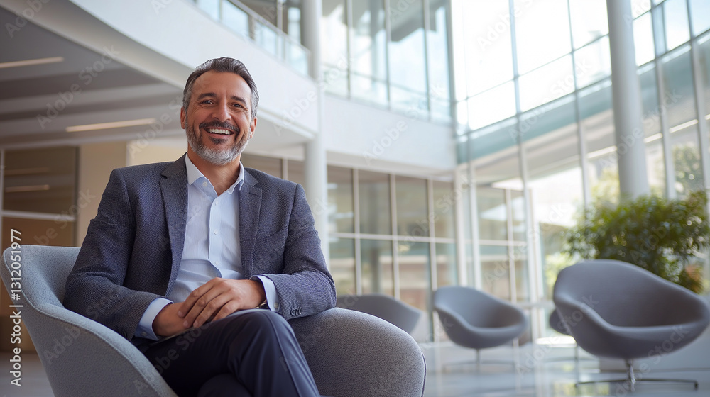 Smiling businessman in modern office. His confident and approachable demeanor reflects leadership, networking and success in a corporate environment. Smiling businessman in modern office. His confident and approachable demeanor reflects leadership, networking and success in a corporate environment.