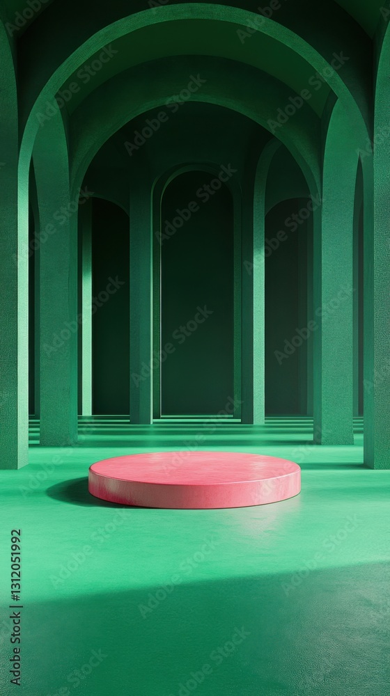 Pink object glowing at the center of a vast green floor in an arena. Pink object glowing at the center of a vast green floor in an arena.