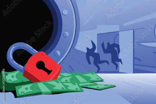 Illustrate a cracked open bank vault spilling money, symbolizing a major banking scandal; depict a shadowy figure lurking nearby.