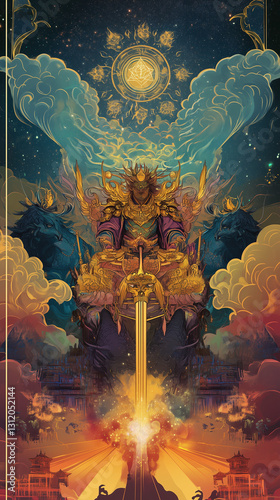 Tarot - The Chariot. A determined warrior rides a grand chariot drawn
