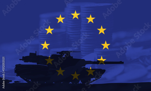 A silhouette of a tank stands beneath the European Union flag with its circle of stars, overlaid with euro coin stacks, symbolizing the economic and military strength of a unified EU army.