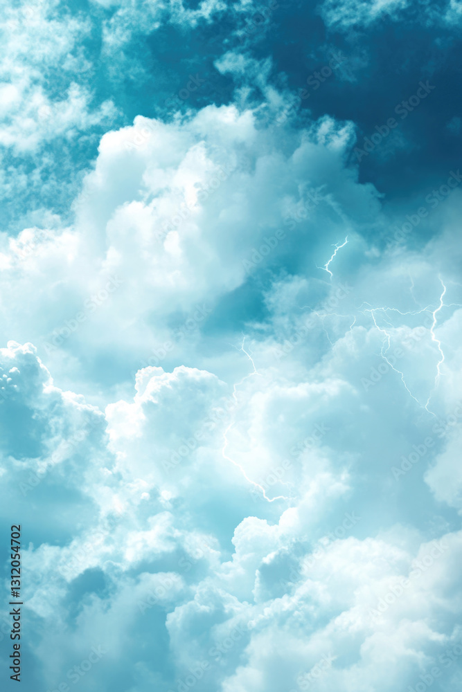 Fototapeta premium Dramatic cloudy sky with lightning strikes in turquoise blue atmosphere