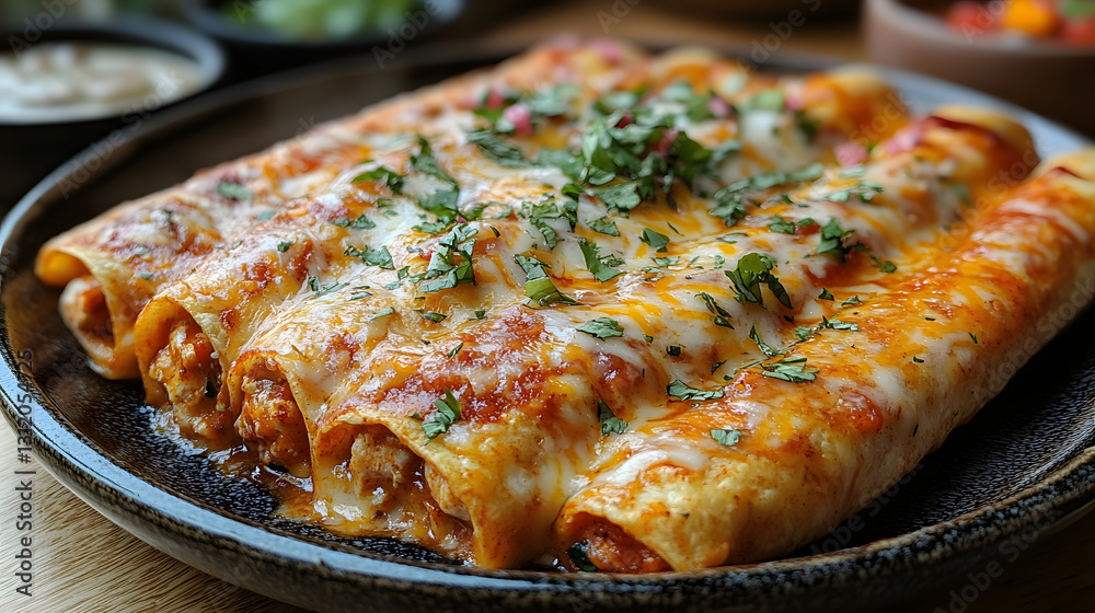 Plate of Cheesy Chicken Enchiladas With Garnish on a Rustic Table Plate of Cheesy Chicken Enchiladas With Garnish on a Rustic Table