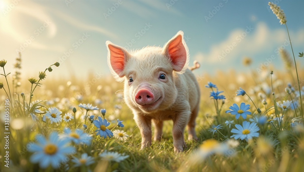 Tranquil Pink Piglet Amidst Wildflowers in Sunlight Tranquil Pink Piglet Amidst Wildflowers in Sunlight