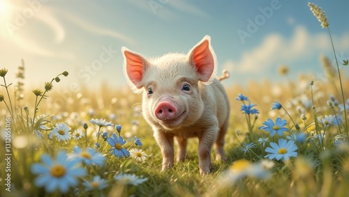 Tranquil Pink Piglet Amidst Wildflowers in Sunlight