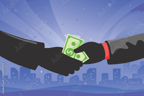 Two hands shaking in a clandestine deal, depicting bribery; subtle, shady exchange of money implied.  Focus on the hands and the tension.