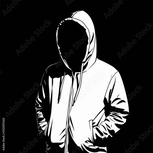 A white silhouette of a hooded figure against a black background
