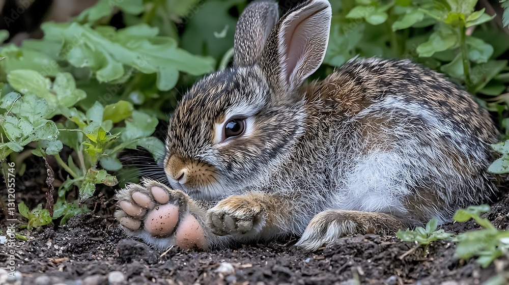 Fototapeta premium Small rabbit grooming itself in soil