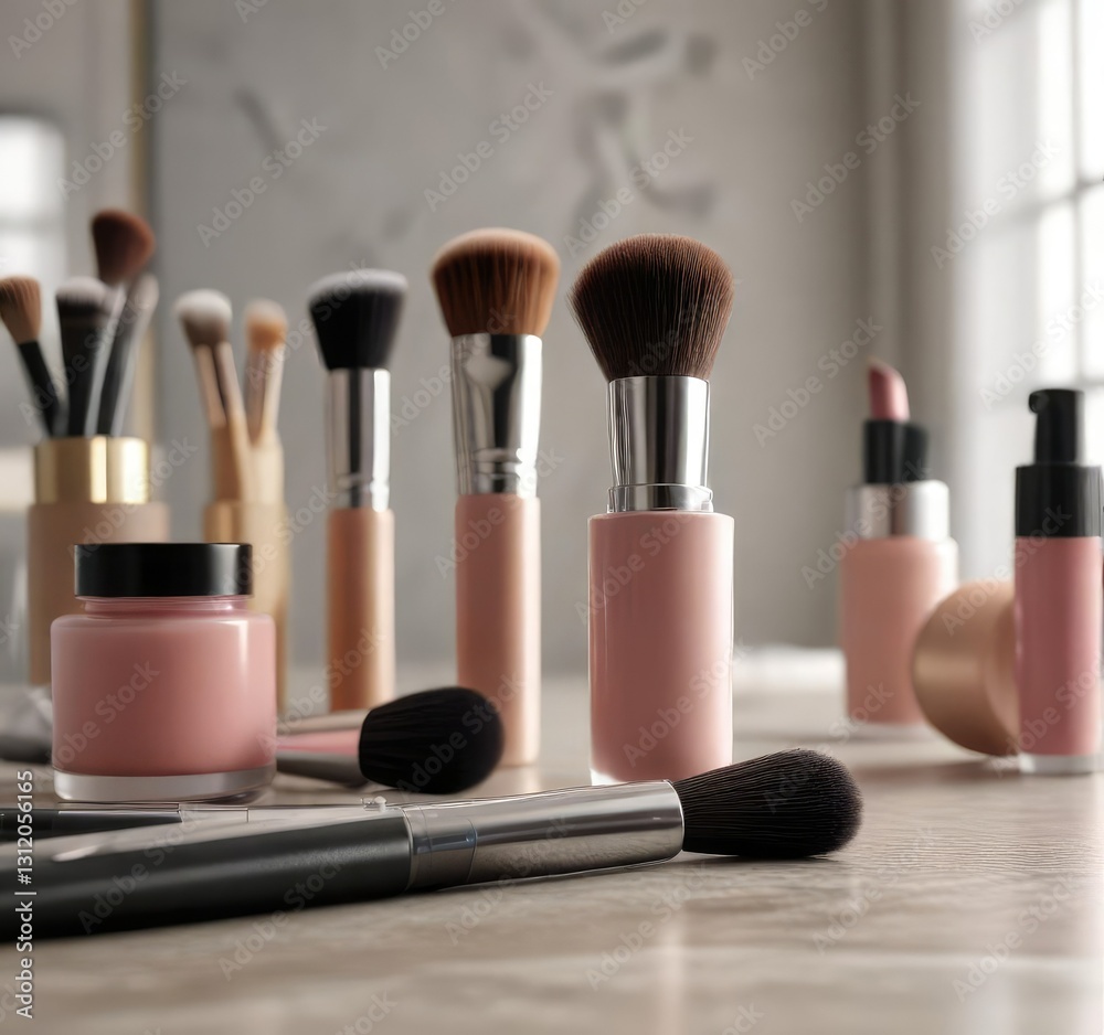 Makeup brush set on a table with other beauty products, artistic instruments, cosmetic tools, beauty supplies, beauty essentials, makeup brush sets Makeup brush set on a table with other beauty products, artistic instruments, cosmetic tools, beauty supplies, beauty essentials, makeup brush sets