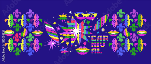Mardi Gras Carnival, masquerade,  colorful poster   holiday template design Vector carnaval banners  with mask, confetti, balloon, garland funky illustration