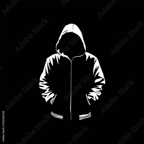 A monochrome graphic of a hooded figure, presented in a high-contrast style with clean lines and distinct shapes