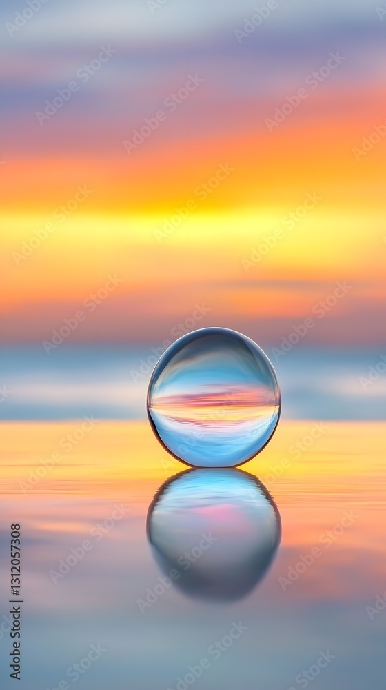 Crystal Sphere Reflecting Vivid Sunset Colors over Calm Water Surface at Dusk Crystal Sphere Reflecting Vivid Sunset Colors over Calm Water Surface at Dusk