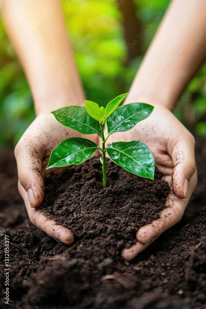Hands nurturing seedling in rich soil with sunlight in background Hands nurturing seedling in rich soil with sunlight in background