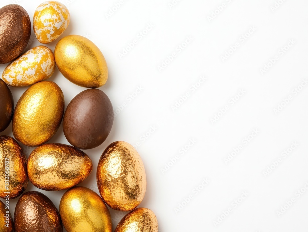 Obraz premium Overhead arrangement of various golden and chocolate easter eggs on white background