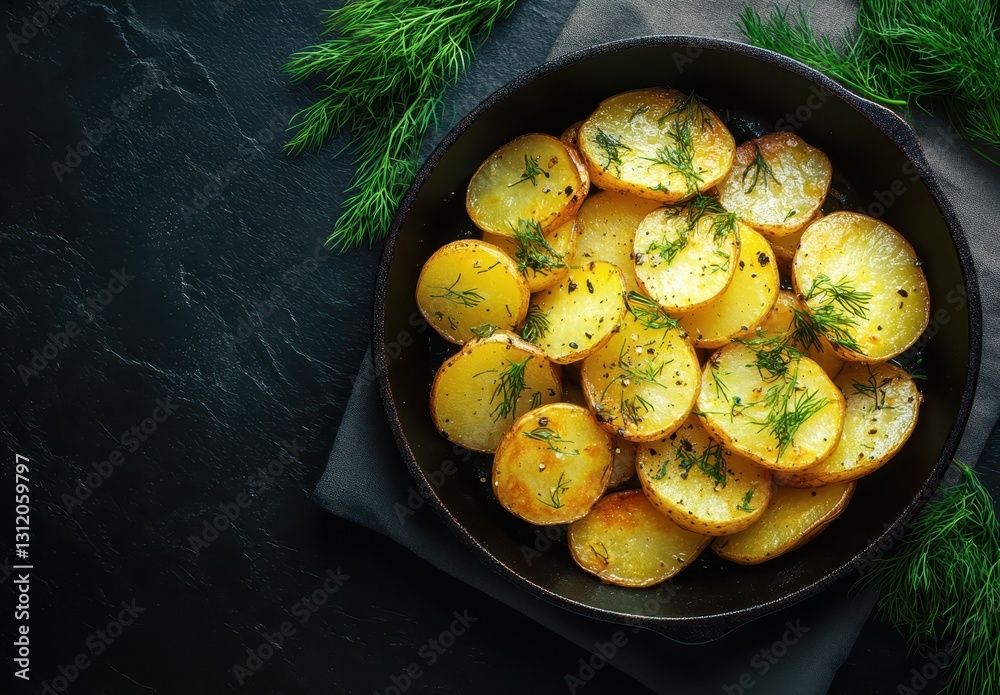 Deliciously Roasted Potatoes Garnished with Fresh Dill on a Dark Stone Surface in a Rustic Cast Iron Skillet Perfect for Culinary and Food Photography Deliciously Roasted Potatoes Garnished with Fresh Dill on a Dark Stone Surface in a Rustic Cast Iron Skillet Perfect for Culinary and Food Photography