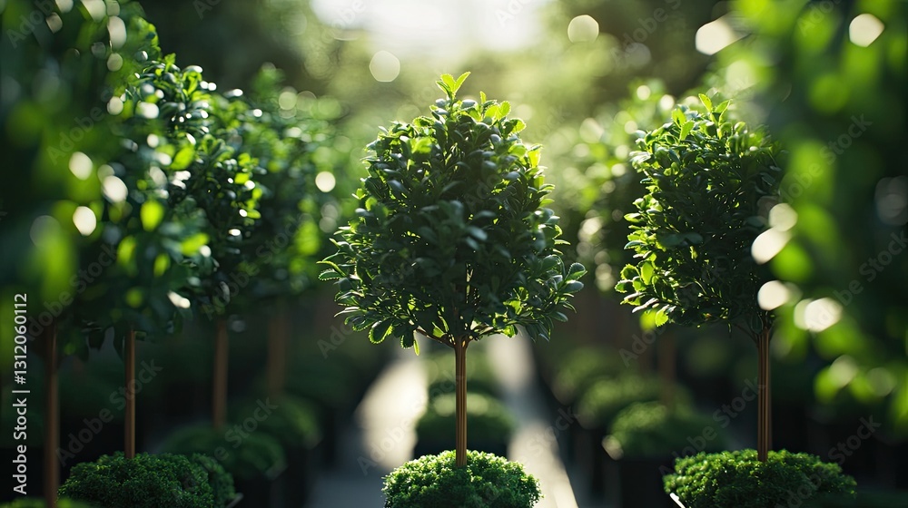 Rows of neatly trimmed topiary trees, bathed in soft, natural light Rows of neatly trimmed topiary trees, bathed in soft, natural light