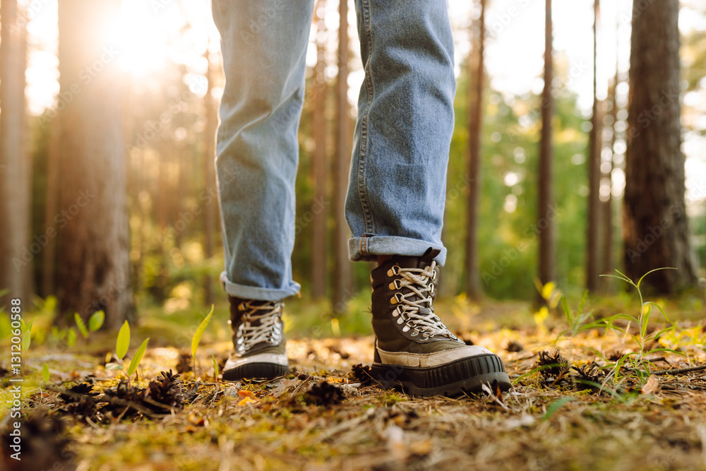 Close-up of hiker's legs in boots in sunny forest. Young woman in hiking boots outdoors. Hiking, travel concept. Active lifestyle. Close-up of hiker's legs in boots in sunny forest. Young woman in hiking boots outdoors. Hiking, travel concept. Active lifestyle.