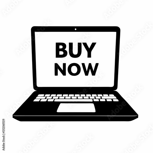 Laptop with “Buy Now” text on screen encourages digital purchase, product decision and ecommerce action. Concept: online shopping, CTA UX, conversion prompt