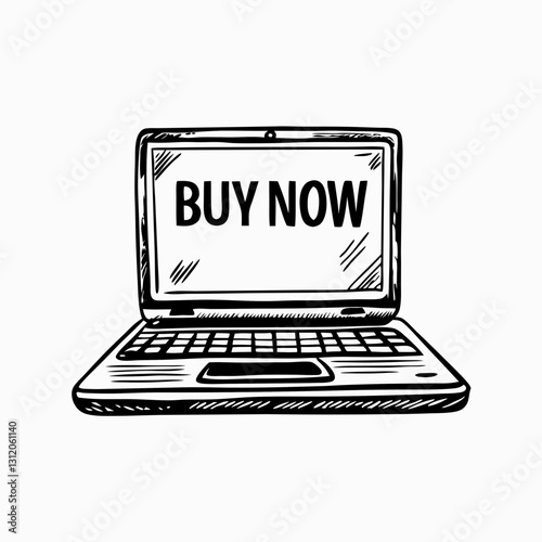 Laptop with "Buy Now" message on screen reflects urgent call to purchase in online retail. Concept ecommerce CTA, digital shopping, product interface.
Sketch-style black-and-white icon with hand-drawn