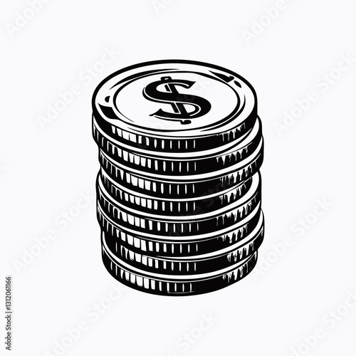 Stacked dollar coins icon illustrates monetary value, financial growth and ecommerce revenue. Concept: online earnings, finance app, revenue metric.Sketch-style black vector with engraved coin detail.