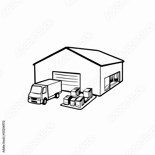 Logistics warehouse with delivery trucks shows inventory storage, shipping center and supply chain operation. Concept: ecommerce logistics, warehouse tech, delivery hub.Sketch-style black vector 