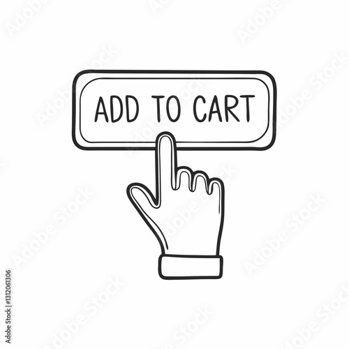 Hand pressing "Add to Cart" button symbolizes online shopping action, user interaction and digital product selection. Concept: ecommerce UX, retail app, cart funnel design