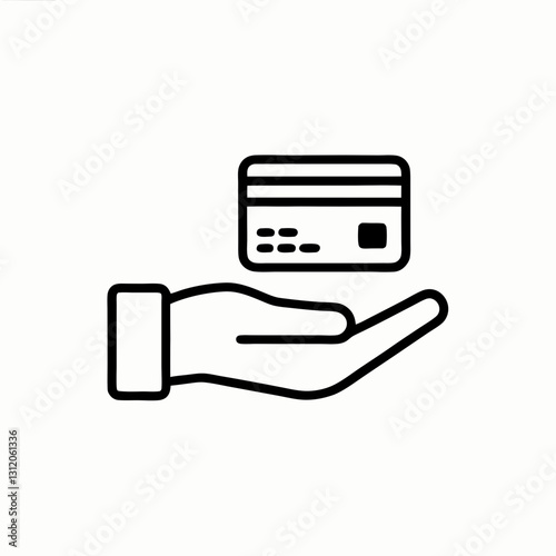 Credit card in hand icon represents digital payment, contactless transactions and customer purchasing. Concept: banking app, payment UI, fintech services