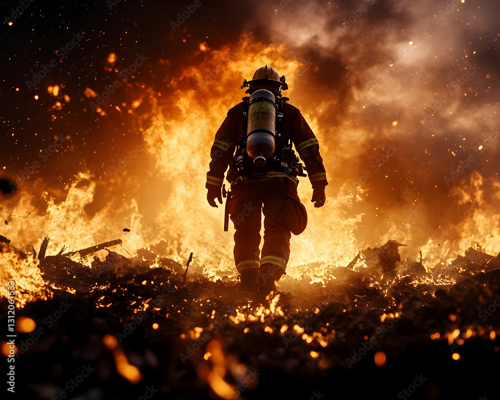 A firefighter walks towards a large fire, illuminated by the flames A firefighter walks towards a large fire, illuminated by the flames