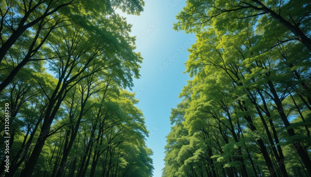 Fototapeta premium Sunlit canopy walk forest nature photography greenery upward view serenity
