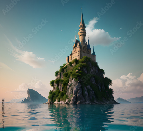 A medieval-style castle surrounded by trees and foliage in a dense forest, situational conversation and serenie laquet or rivière, generative ay