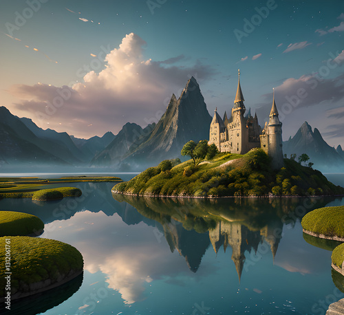 A medieval-style castle surrounded by trees and foliage in a dense forest, situational conversation and serenie laquet or rivière, generative ay