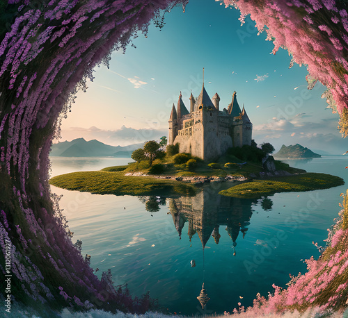 A medieval-style castle surrounded by trees and foliage in a dense forest, situational conversation and serenie laquet or rivière, generative ay