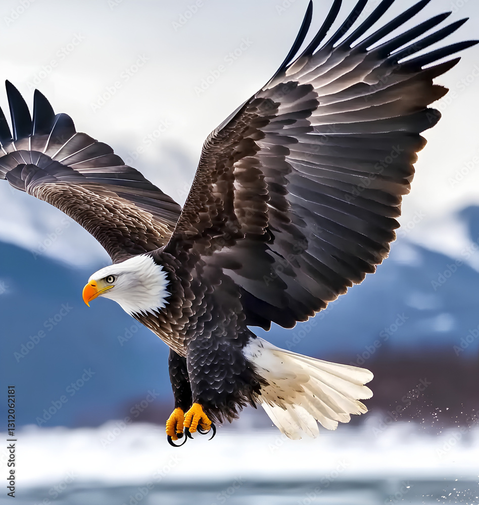 Fototapeta premium A majestic Bald Eagle soaring through the sky, showcasing its powerful wings and sharp gaze in mid-flight