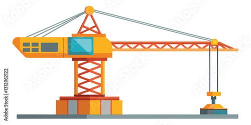 A large orange and red construction crane with a yellow top and a gray base on a gray platform