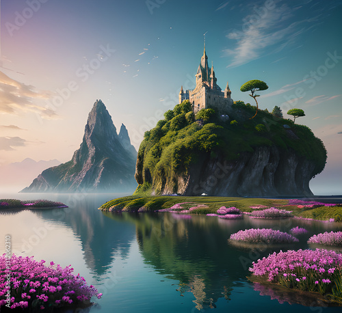 A medieval-style castle surrounded by trees and foliage in a dense forest, situational conversation and serenie laquet or rivière, generative ay