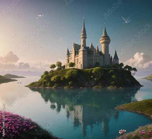 A medieval-style castle surrounded by trees and foliage in a dense forest, situational conversation and serenie laquet or rivière, generative ay